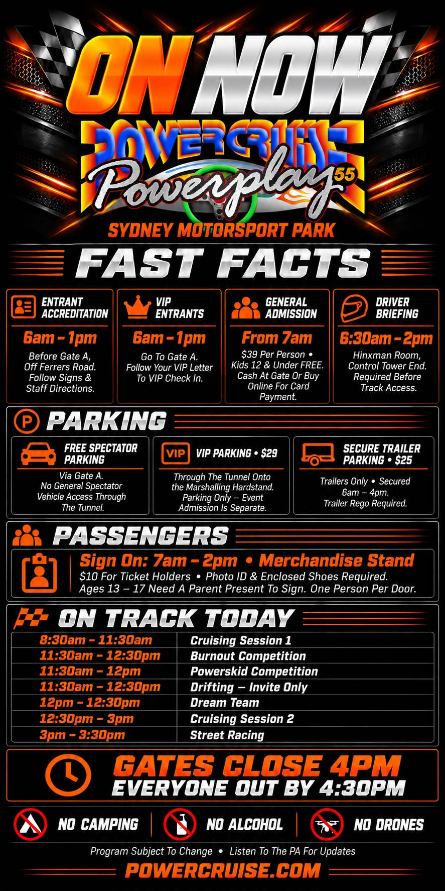 Powerplay 55 ON NOW — Sydney Motorsport Park Fast Facts, Parking And Event Program.